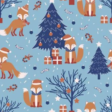 Christmas seamless pattern with fox background, Winter pattern with christmas Illustrazione stock
