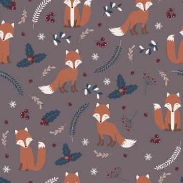 Christmas seamless pattern with fox background, Winter pattern with holly ber Illustrazione stock