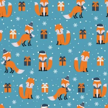 Christmas seamless pattern with fox background, Winter pattern with giftbox,  Stock Illustration