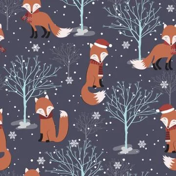 Christmas seamless pattern with fox background, Winter pattern with dry tree, Stock Illustration