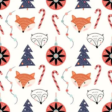 Christmas seamless pattern with foxes and ornaments Stock Illustration