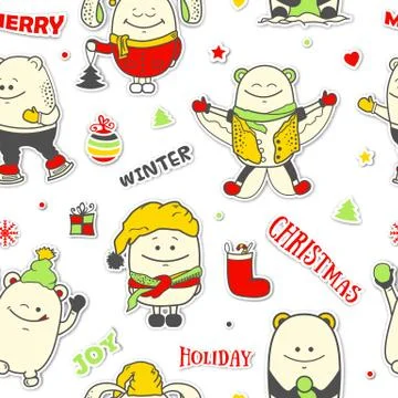 Christmas seamless pattern with funny characters. Stock Illustration