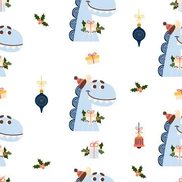 Christmas Seamless pattern. Funny dragon with gift on white background with.. Stock Illustration