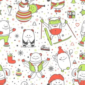 Christmas seamless pattern with funny monsters Stock Illustration