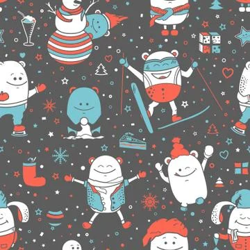 Christmas seamless pattern with funny monsters Illustrazione stock