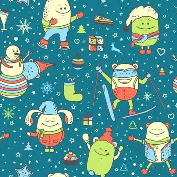 Christmas seamless pattern with funny monsters Illustrazione stock