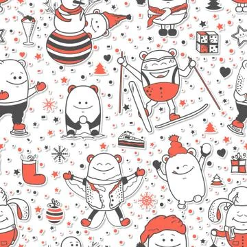Christmas seamless pattern with funny monsters Stock Illustration