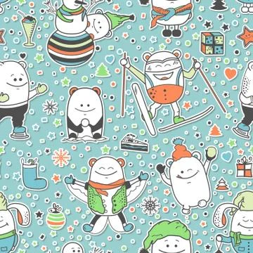 Christmas seamless pattern with funny monsters Stock Illustration