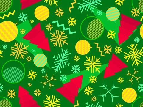 Christmas seamless pattern with geometric shapes in 80s Memphis style. Chri.. Stock Illustration