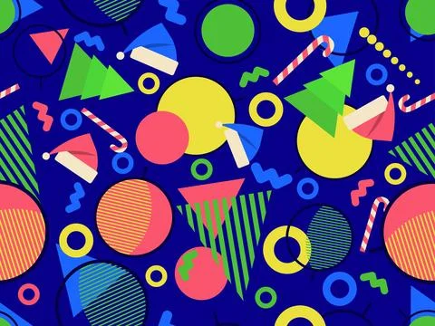 Christmas seamless pattern with geometric shapes in 80s style. Festive patt.. Stock Illustration