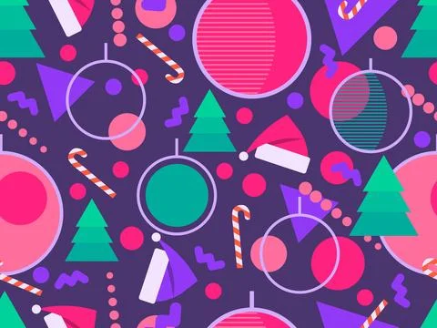Christmas seamless pattern with geometric shapes in 80s style. Festive patt.. Stock Illustration