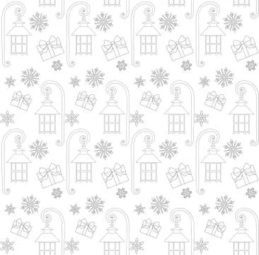 Christmas seamless pattern with gift box, street lantern and snowflake. Stock Illustration