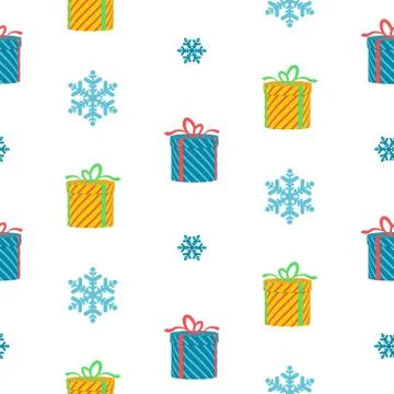 Christmas seamless pattern with gift boxes and snowflakes on white background. Stock Illustration