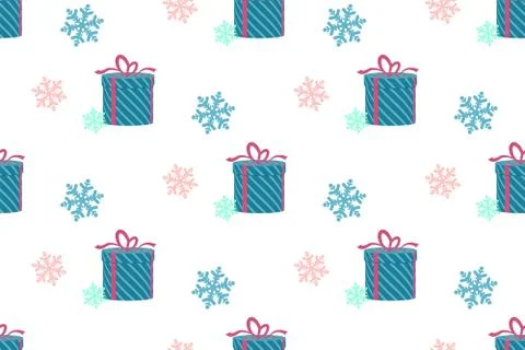 Christmas seamless pattern with gift boxes and snowflakes on white background Stock Illustration