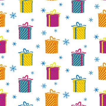 Christmas seamless pattern with gift boxes and snowflakes on white background Stock Illustration