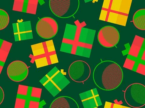 Christmas seamless pattern with gift boxes and Christmas balls. Xmas tree d.. Stock-Illustration