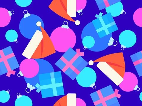 Christmas seamless pattern with gift boxes, Christmas balls and Santa Claus.. 스톡 일러스트