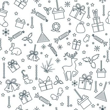 Christmas seamless pattern with gift boxes, reindeer, and festive holiday e.. Illustrazione stock