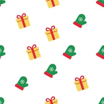 Christmas seamless pattern with gift boxes and mittens. Stock Illustration