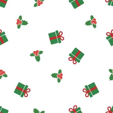 Christmas seamless pattern with gift boxes and holly leaves. Illustrazione stock