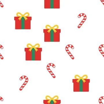 Christmas seamless pattern with gift boxes and candy canes. Illustrazione stock