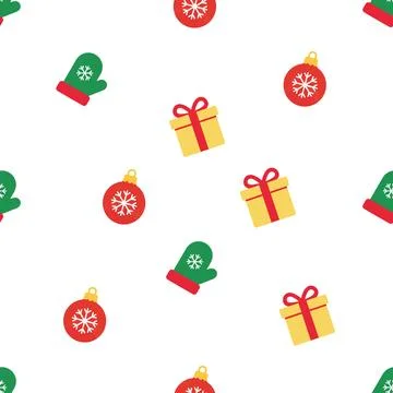 Christmas seamless pattern with gift boxes, baubles, and mittens on white b.. Stock Illustration