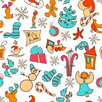 	Christmas seamless pattern with gift, mittens, deer, bell, toy, gingerbread,  Stock Illustration