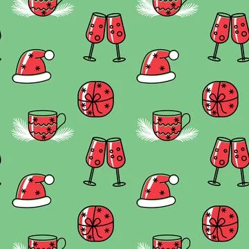 Christmas seamless pattern with gift, santa hat, champang glasses. Merry endl Illustrazione stock