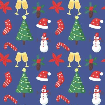 Christmas seamless pattern with gift, Santa hat, champagne glasses. Merry end Stock Illustration