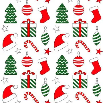 Christmas seamless pattern with gift, Santa hat and decorations vector illu.. Stock Illustration