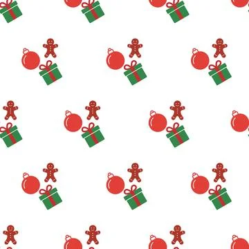 Christmas seamless pattern with gifts and gingerbread man. Stock Illustration