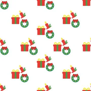 Christmas seamless pattern with gifts candles and wreaths on white background Stockillustratie