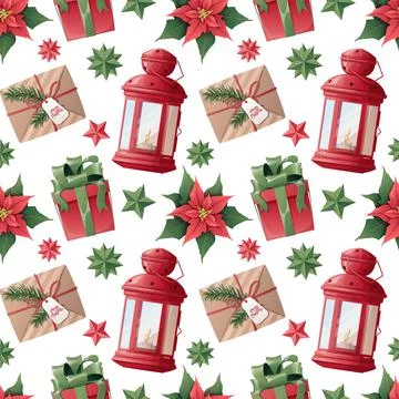 Christmas seamless pattern with gifts, lantern, poinsettia on a white backgro Stock Illustration