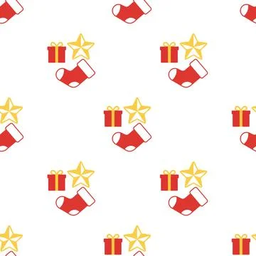 Christmas seamless pattern with gifts socks and stars. Ilustración de archivo