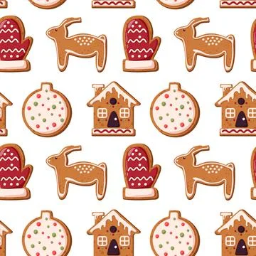 Christmas seamless pattern with gingerbread cookie in cartoon style. Merry Illustrazione stock