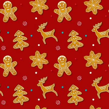 Christmas seamless pattern with gingerbread cookies on red background. Xmas Stock Illustration