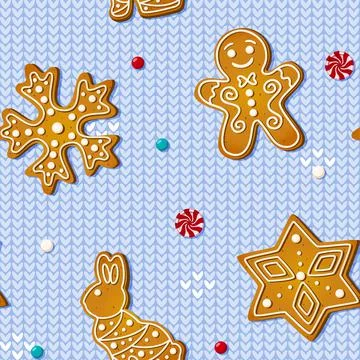 Christmas seamless pattern with gingerbread cookies on red background. Xmas Stock Illustration