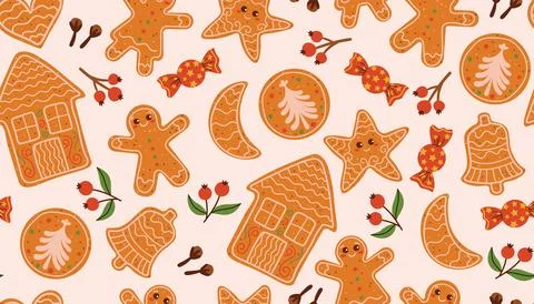 Christmas seamless pattern with gingerbread cookies house, star, heart, man.. Stock Illustration