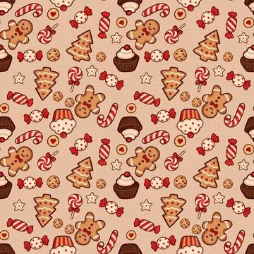 Christmas Seamless Pattern With Gingerbread Cookies, Candy And Cupcakes Stock Illustration