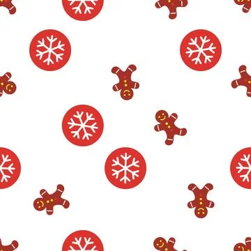 Christmas seamless pattern with gingerbread cookies and red snowflakes. Stock Illustration