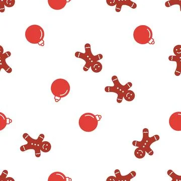 Christmas seamless pattern with gingerbread cookies and red baubles on whit.. Stock Illustration