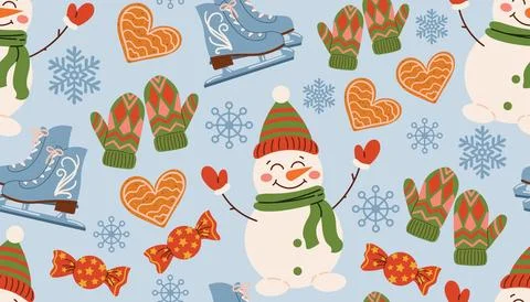 Christmas seamless pattern with gingerbread heart, snowman, mitten, candy, .. Stock Illustration