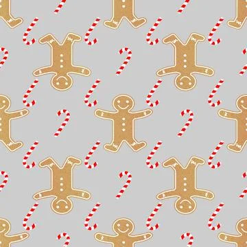 Christmas seamless pattern with gingerbread man and candy on gray background Stock Illustration