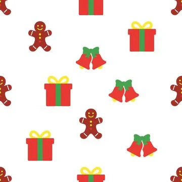 Christmas seamless pattern with gingerbread man gift box and bells. Illustrazione stock