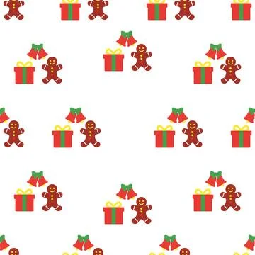Christmas seamless pattern with gingerbread man gifts and bells. Stock Illustration