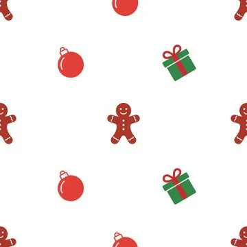 Christmas seamless pattern with gingerbread man gifts and baubles. Illustrazione stock