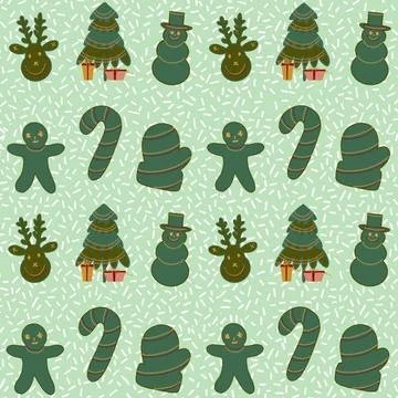 Christmas seamless pattern, gingerbread man, christmas tree, snowman, candy cane Stock Illustration