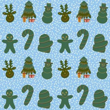 Christmas seamless pattern, gingerbread man, christmas tree, snowman, candy cane Stock Illustration