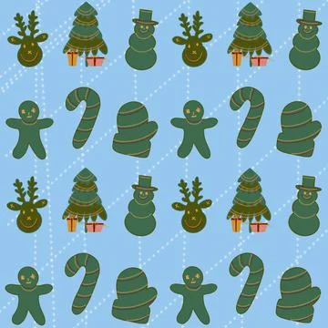 Christmas seamless pattern, gingerbread man, christmas tree, snowman, candy cane Stock Illustration