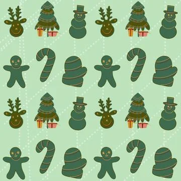 Christmas seamless pattern, gingerbread man, christmas tree, snowman, candy cane Stock Illustration